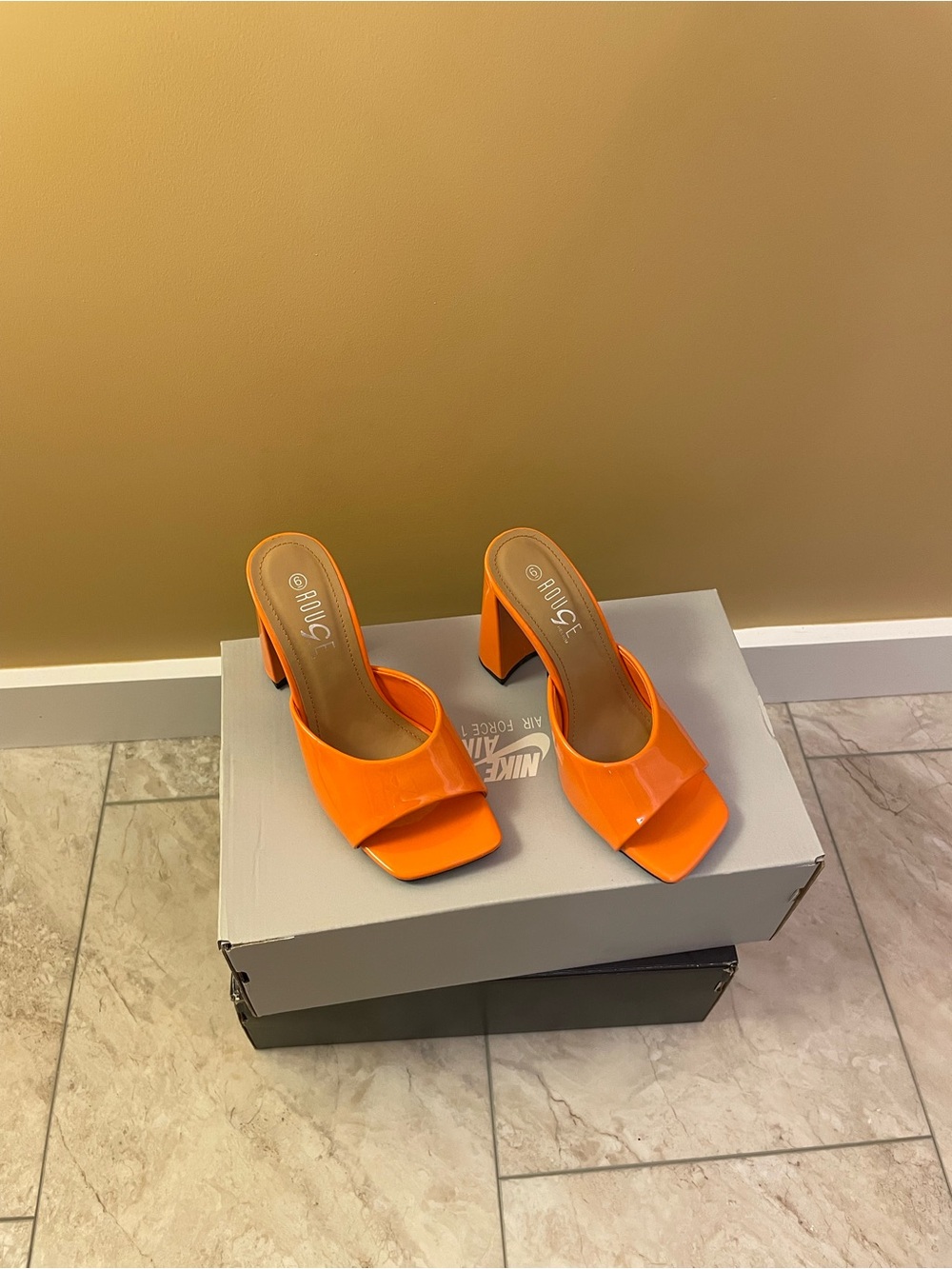 Rouge! Bright Orange Patent Block Heel Slide Sandals (Size 6)